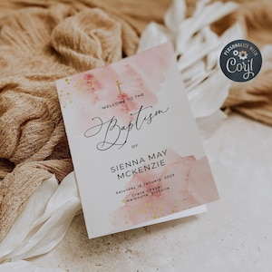 Mall för vikt dopprogram i rodnande rosa, utskrivbart dophäfte för flickor i akvarell, redigerbar gudstjänstordning, direktnedladdning, #PB