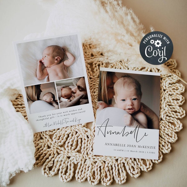 Newborn Baby Birth Announcement Template, Printable Photo Birth Card, Modern Minimalist Simple Pictures Birth Announcement, Instant Download