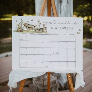 Calendario della data di nascita del bambino di Woodland Guess, cartello stampabile del gioco per baby shower con animali della foresta, calendario modificabile della data di scadenza, download immediato, #WS
