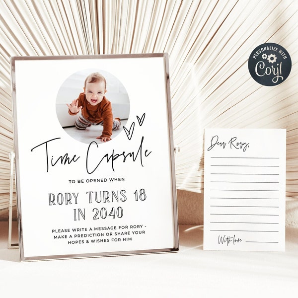 Modern 1st Birthday Photo Time Capsule Template, Printable Minimal First Birthday Guestbook Sign, Editable Capsule Card Instant Download #B3