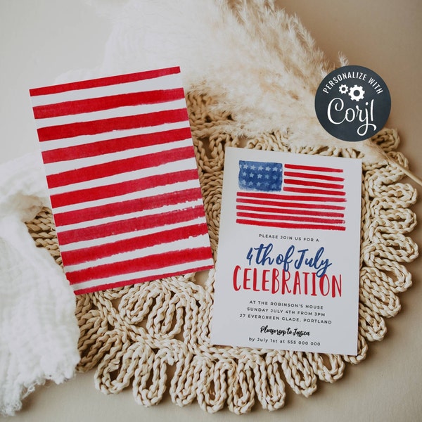 4th of July Party Invitation Template, Printable July Fourth American Flag Invite, Independence Day, Red White Blue Party, Instant Download