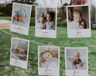 Modern First Birthday Photo Banner Template, Editable Baby's 1st Year Monthly Milestone Cards, Printable Photo Garland, Digital Download #B5