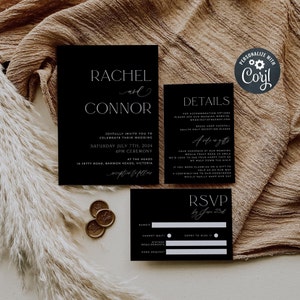 Classic Black Wedding Invitation Template Suite, Printable Modern Elegant Monochrome Invite Set, Editable Invitation, Instant Download, #BW