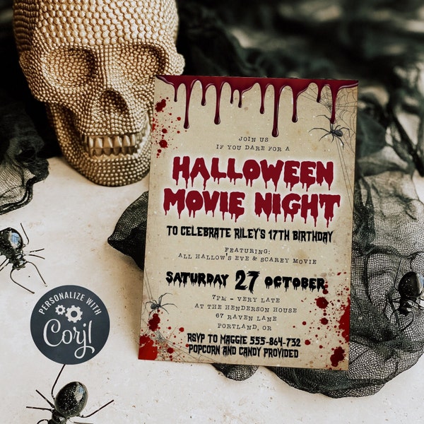Halloween Movie Night Invitation Template, Printable Scary Movie Marathon Invite, Editable Spooky Birthday Party Invite, Instant Download