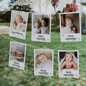 Modello di banner fotografico retrò per il primo compleanno, biglietti modificabili per le tappe mensili del primo anno del bambino, ghirlanda fotografica stampabile, download immediato, #B8