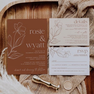 Terracotta Floral Wedding Invitation Suite Template, Printable Boho Beige Invite Set, Editable Rust Details & RSVP, Instant Download, #TCW
