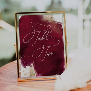 Burgundy Watercolor Table Number Template, Printable Maroon & Gold Wedding Table Signs, Editable Modern Table Decor, Instant Download, #WC2