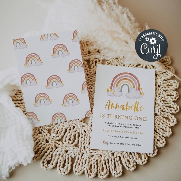 Boho Rainbow First Birthday Invitation Template, Printable 1st Birthday Invite, Editable Rainbow Cloud Stars Invite, Instant Download, #BR