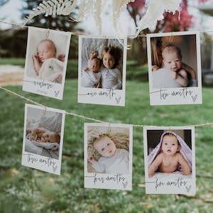 Modelo moderno de banner de foto de primeiro aniversário, cartões editáveis de marco mensal do primeiro ano do bebê, guirlanda de fotos para impressão, download instantâneo # B3