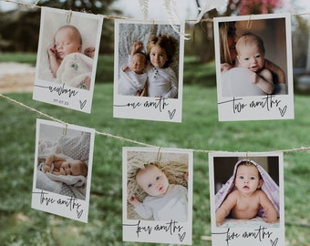 Modern First Birthday Photo Banner Template, Editable Baby's 1st Year Monthly Milestone Cards, Printable Photo Garland, Digital Download #B3