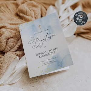 Baby Blue Baptism Folded Program Template, Printable Watercolor Christening Program Booklet, Editable Order of Service, Instant Download #BB