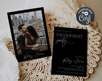 Modern Black Engagement Party Invitation Template, Printable Minimal Classic Celebration Invite, Editable Engaged Invite, Instant Download