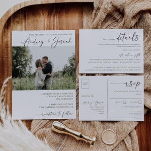 Plantilla de invitación de boda con foto y guión minimalista, conjunto de invitaciones clásicas modernas imprimibles, conjunto de invitaciones editables, descarga instantánea, n.° MW2