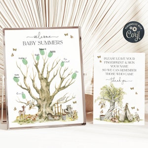 Modello di albero con impronte digitali per baby shower nel bosco, modello di libro degli ospiti stampabile con impronte digitali, modello di libro degli ospiti modificabile con foresta, download immediato, #WS