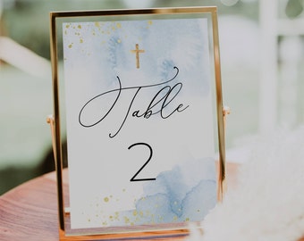 Blue & Gold Baptism Table Number Template, Printable Editable Light Blue Watercolor Christening Table Numbers, Instant Download, #BB