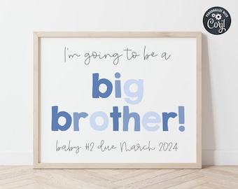 Modern Big Brother Announcement Sign Template, Printable Blue Brother Sign, Editable Baby Number 2 Pregnancy Announcement, Instant Download