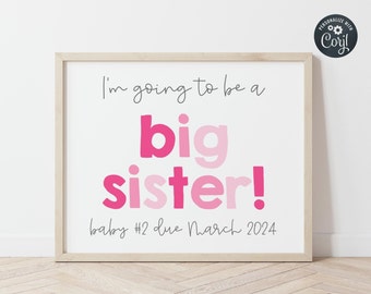 Modern Big Sister Announcement Sign Template, Printable Pink Sister Sign, Editable Baby Number 2 Pregnancy Announcement, Instant Download