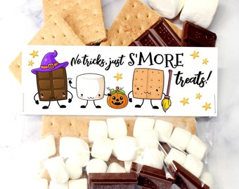 Printable S'mores Halloween Treat Bag Toppers, No Tricks Just S'more Treats Bag Topper, School Classroom Halloween Tag, Digital Download