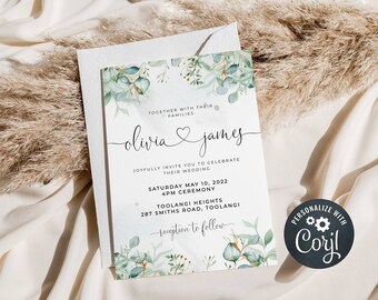 Greenery /& Gold Hearts Wedding Invitation Suite Template Printable Heart Font Invite Set Instant Download #EHF Eucalyptus RSVP Details