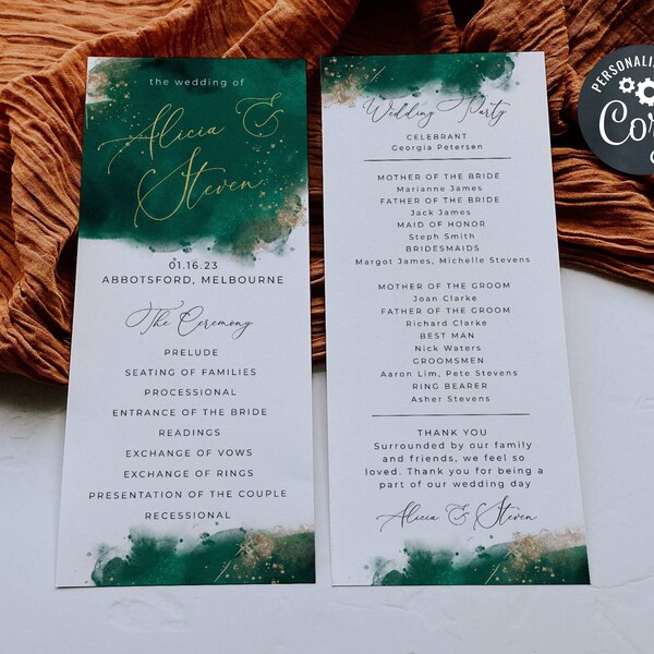 Emerald Watercolor Wedding Program Template, Printable Hunter Green & Gold Order of Ceremony, Editable Modern Program, Instant Download #WC4