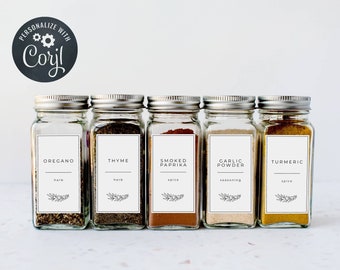 Printable Spice Jar Labels, Editable Rectangular Spice Labels, Simple Minimalist Leaf Pantry Labels, DIY Custom Spice Jar Stickers, Instant