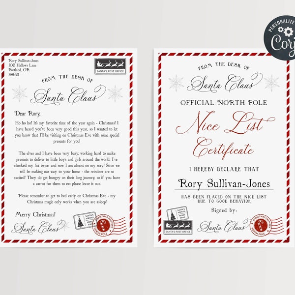 Editable Santa Letter & Nice List Certificate Template, Printable Letter From Santa Claus, Personalized North Pole Mail, Instant Download