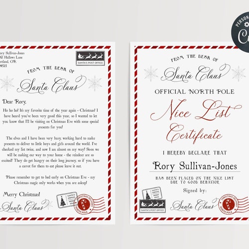 Letter From Santa Editable Printable Nice List Certificate - Etsy