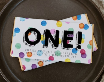 Modello per incartare una barretta di cioccolato di compleanno a pois arcobaleno, etichetta stampabile per barrette di cioccolato, cioccolato personalizzabile e modificabile, download digitale, #RSB