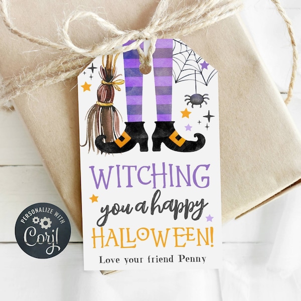 Witching You A Happy Halloween Gift Tag Template, Printable Cute Witch Legs Broom Favor Tag, Editable School Halloween Tag, Instant Download