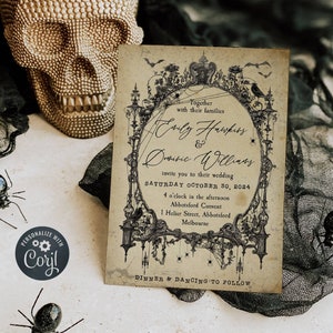 Modello di invito a nozze con cornice gotica di Halloween, invito a nozze vintage stampabile, invito infestato spettrale modificabile, download istantaneo, #H8