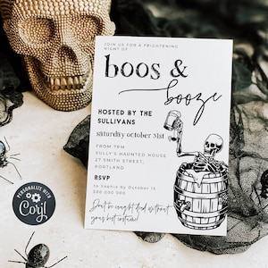 Plantilla de invitación para fiesta de Halloween con esqueletos, bebidas alcohólicas y cerveza, invitación editable para adultos, invitación imprimible para fiesta de cerveza, descarga instantánea, #SK