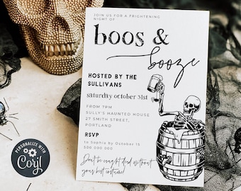 Skeleton Boos & Booze Halloween Party Invitation Template, Editable Adult Halloween Invite, Printable Fun Beer Invite, Instant Download, #SK
