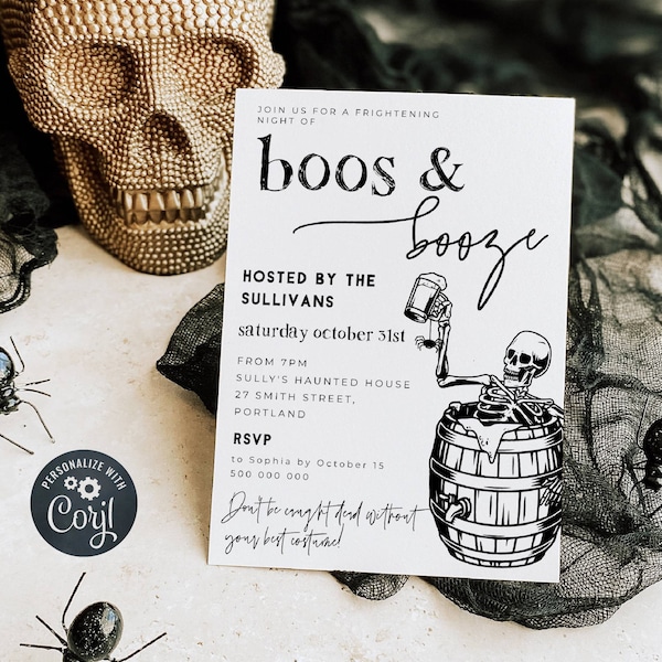 Skeleton Boos & Booze Halloween Party Invitation Template, Editable Adult Halloween Invite, Printable Fun Beer Invite, Digital Download, #SK