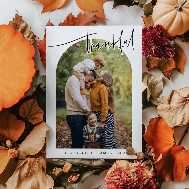 Thanksgiving Photo Holiday Card Template, Printable Modern Minimalist Arch Thankful Card, Editable Fall Greeting Card, Digital Download image 3