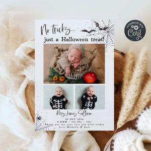 Modèle modifiable de faire-part de naissance photo Halloween, sans astuces, juste un régal, faire-part de naissance imprimable pour nouveau-né, téléchargement immédiat