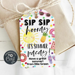 Plantilla de etiqueta de regalo "Sip Sip Hooray It's Summer Vacay", etiqueta imprimible de fin de curso para maestros, etiqueta editable con pajita para vacaciones de verano, descarga instantánea