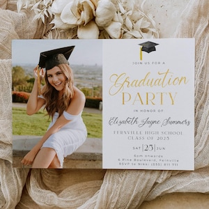 Minimalist Gold Graduation Party Photo Invitation Template, Printable Graduate Announcement, Editable Grad Party Invite, Instant Download