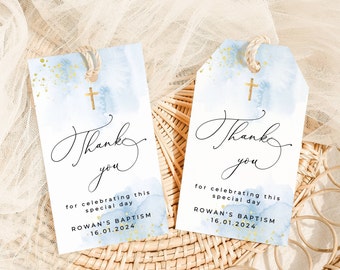 Blue & Gold Baptism Favor Tag Template, Printable Christening Gift Tags, Baby Light Blue Watercolor Dedication Tag, Instant Download #BB