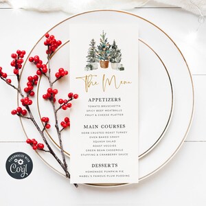 Menusjabloon kerstbomen, afdrukbaar kerstdiner-feestmenu, bewerkbare moderne kerstbomen & cadeaus menukaart, direct downloaden, #C1