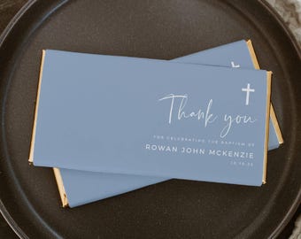 Dusty Blue Modern Baptism Chocolate Wrapper Template, Printable Boys Christening Candy Bar Label, Editable Wrap, Digital Download, #DB