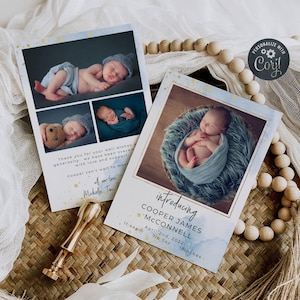 Modèle de faire-part de naissance bleu et or, cartes photo imprimables pour nouveau-né, aquarelle modifiable pour bébé garçon Merci, téléchargement immédiat, #BB