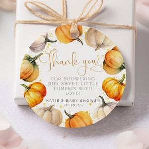 Little Pumpkin Baby Shower Round Gift Tag Template, Printable Fall Thank You Favor Tags, Editable Autumn Shower Tags, Digital Download, #LPS