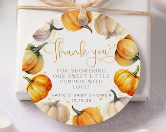 Little Pumpkin Baby Shower Round Gift Tag Template, Printable Fall Thank You Favor Tags, Editable Autumn Shower Tags, Digital Download, #LPS