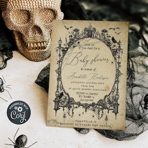 Edytowalny szablon zaproszenia na Halloween Baby Shower w stylu vintage z gotycką ramką, upiorne zaproszenie na październikowy prysznic do druku, do pobrania natychmiast, #H7