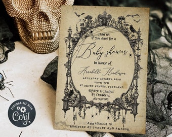 Könnte beinhalten: Eine schwarz-weiße Babyparty-Einladung im Halloween-Stil mit einem verzierten Rahmen und Spinnweben. Der Text lautet: "Schließen Sie sich uns an, wenn Sie es wagen, für eine Babyparty zu Ehren von Annabelle Henderson. Samstag, 25. Oktober, ab 14:00 Uhr. 27 Smith Street, Portland. RSVP an Jacqui bis zum 16. Oktober. 564-23-000. Annabelle ist bei Target und Amazon registriert."