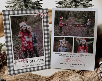 Black Gingham Photo Holiday Card Template, Printable Rustic Farmhouse Check Christmas Card, Editable Modern Greeting Card Digital Download