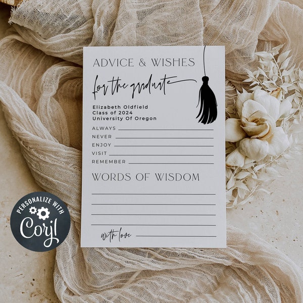 Graduation Advice And Wishes Card Template, Printable Modern Tassel Graduate Advice, Editable Minimal Grad Party Game, Instant Download #G2