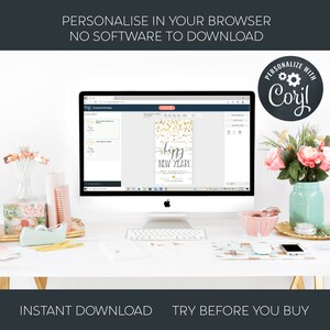 Puede incluir: Una pantalla de ordenador que muestra un sitio web con un dise&ntilde;o de tarjeta de felicitaci&oacute;n de A&ntilde;o Nuevo personalizable. La tarjeta tiene un fondo blanco con confeti dorado y el texto "Happy New Year!" El sitio web se llama "Corjl" y permite a los usuarios personalizar la tarjeta con su propio texto e im&aacute;genes.