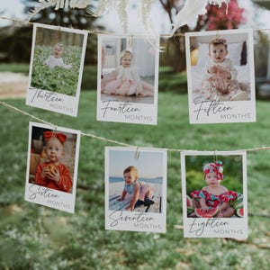 Zweiter Geburtstag Foto Banner Vorlage, bearbeitbare Baby's 2 monatliche Meilenstein Karten, druckbare Fotogirlande, sofortiger Download, # B1