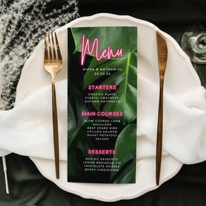 Neon Tropical Wedding Menu Template, Printable Beach Destination Wedding Table Decor, Editable Greenery Leaves Menu, Instant Download, #TW